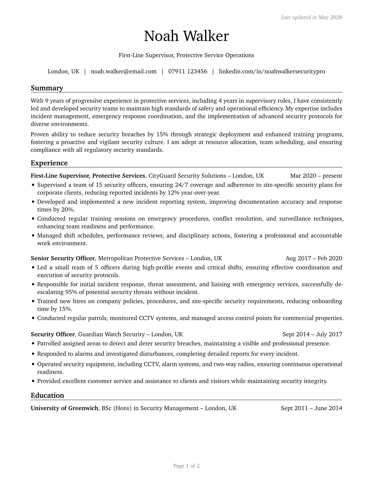 First-Line Supervisors of Protective Service Workers, All Other CV in English — page 1