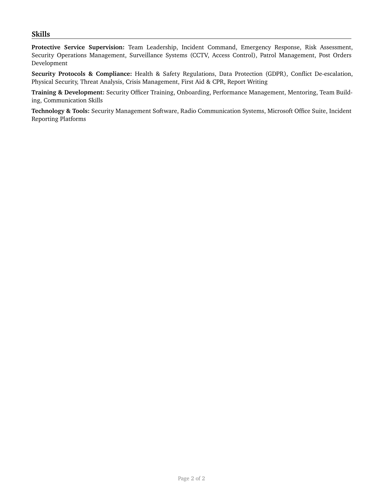 First-Line Supervisors of Protective Service Workers, All Other CV in English — page 2