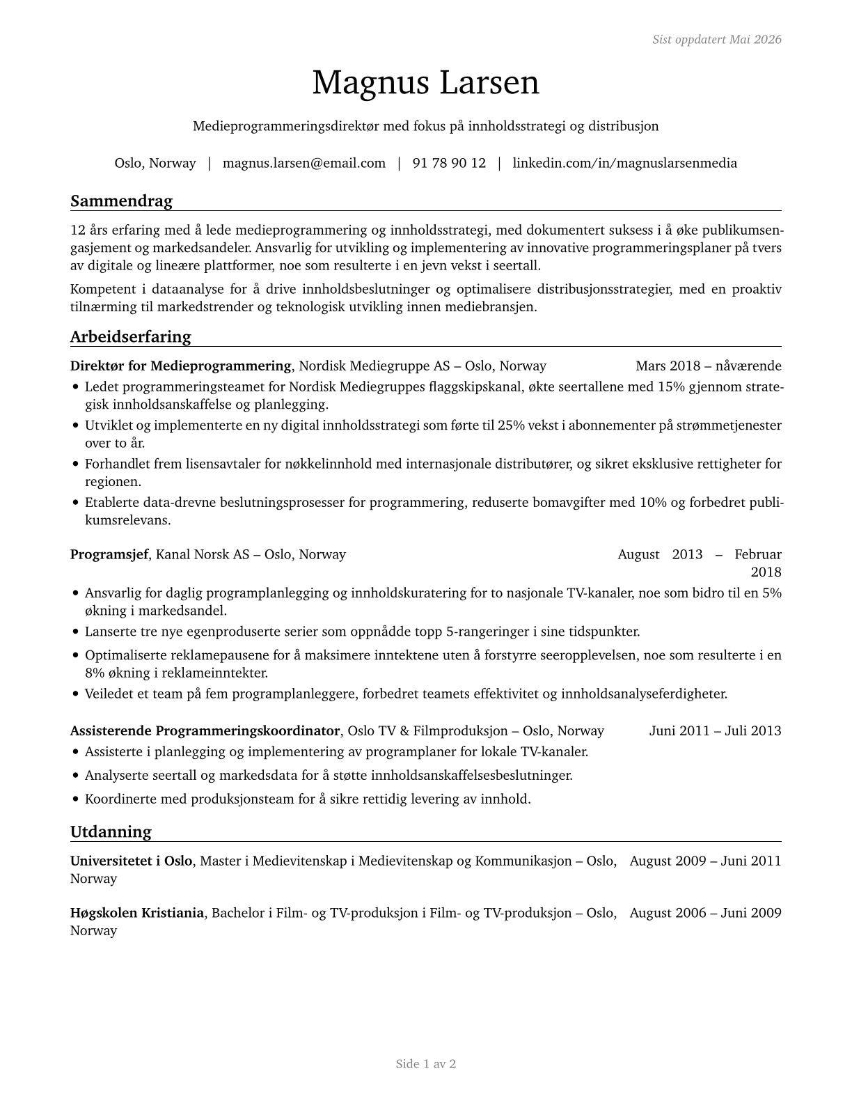 Media Programming Directors CV in Norwegian_bokmal — page 1