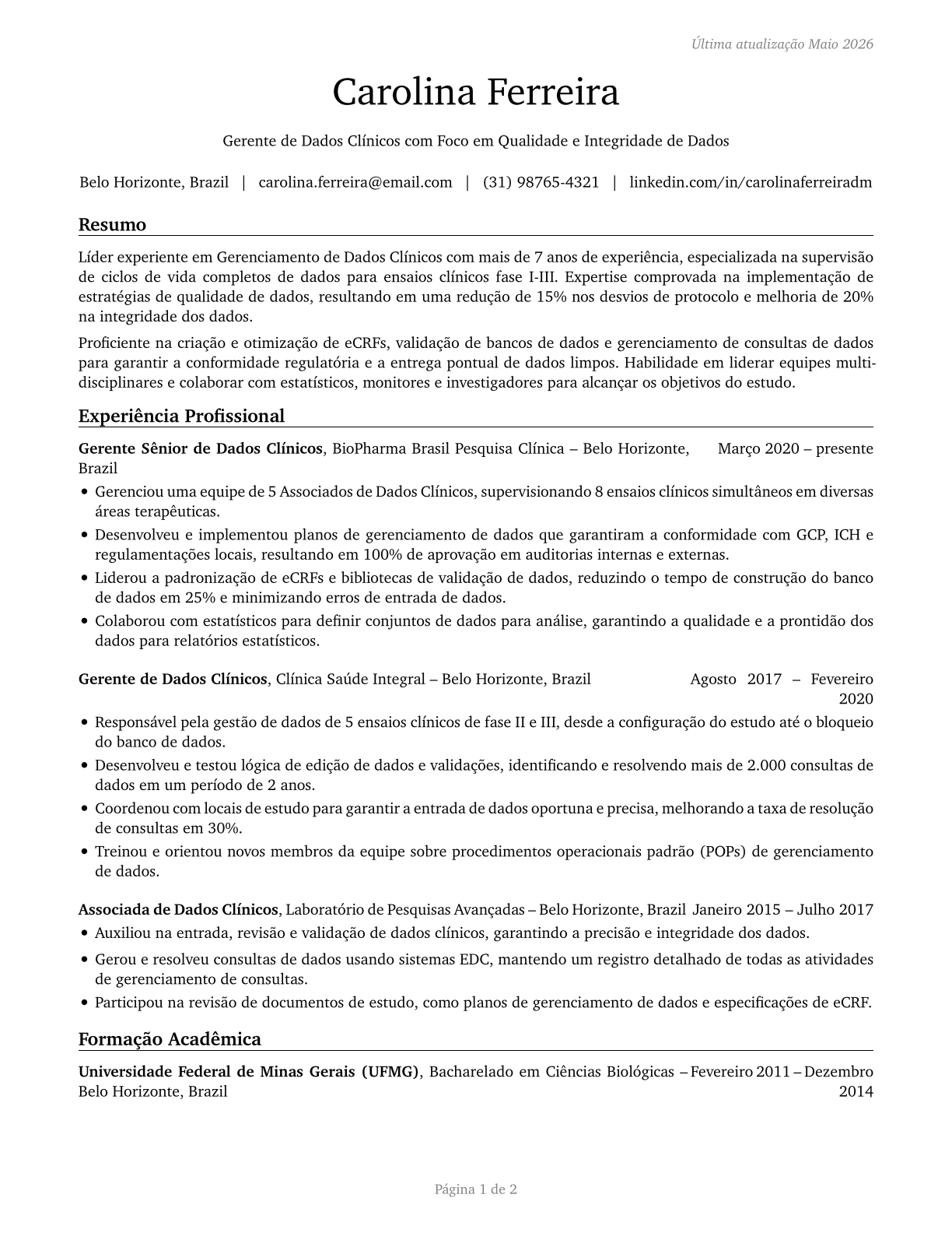 Clinical Data Managers CV in Portuguese — page 1