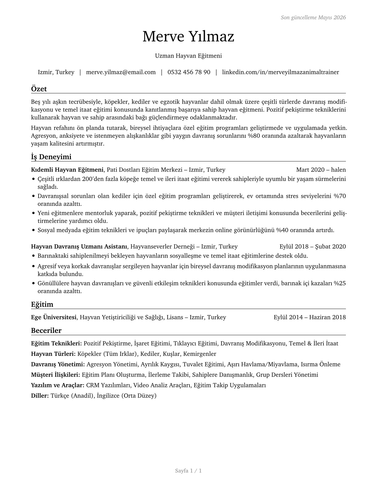 Animal Trainers CV in Turkish — page 1