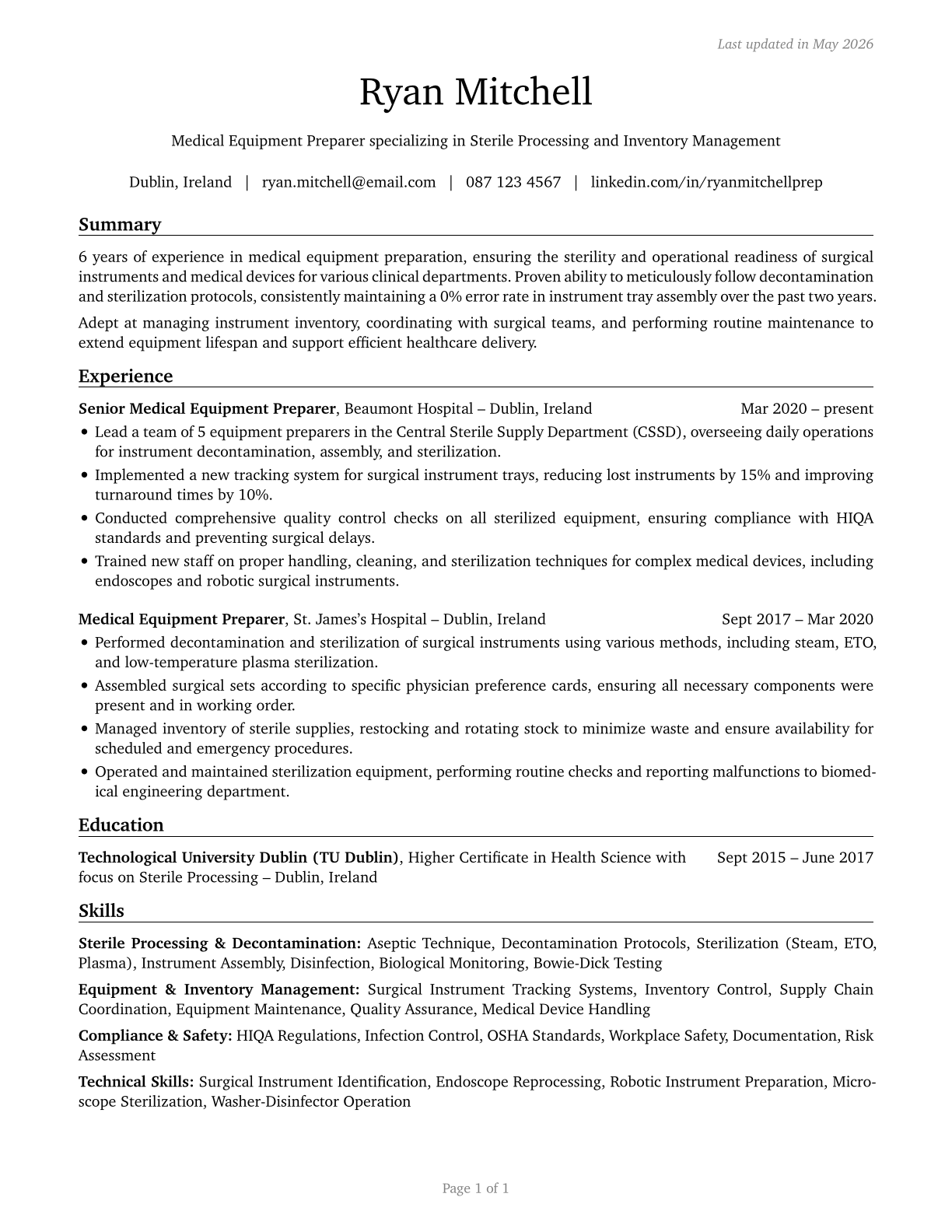Medical Equipment Preparers CV in English — page 1
