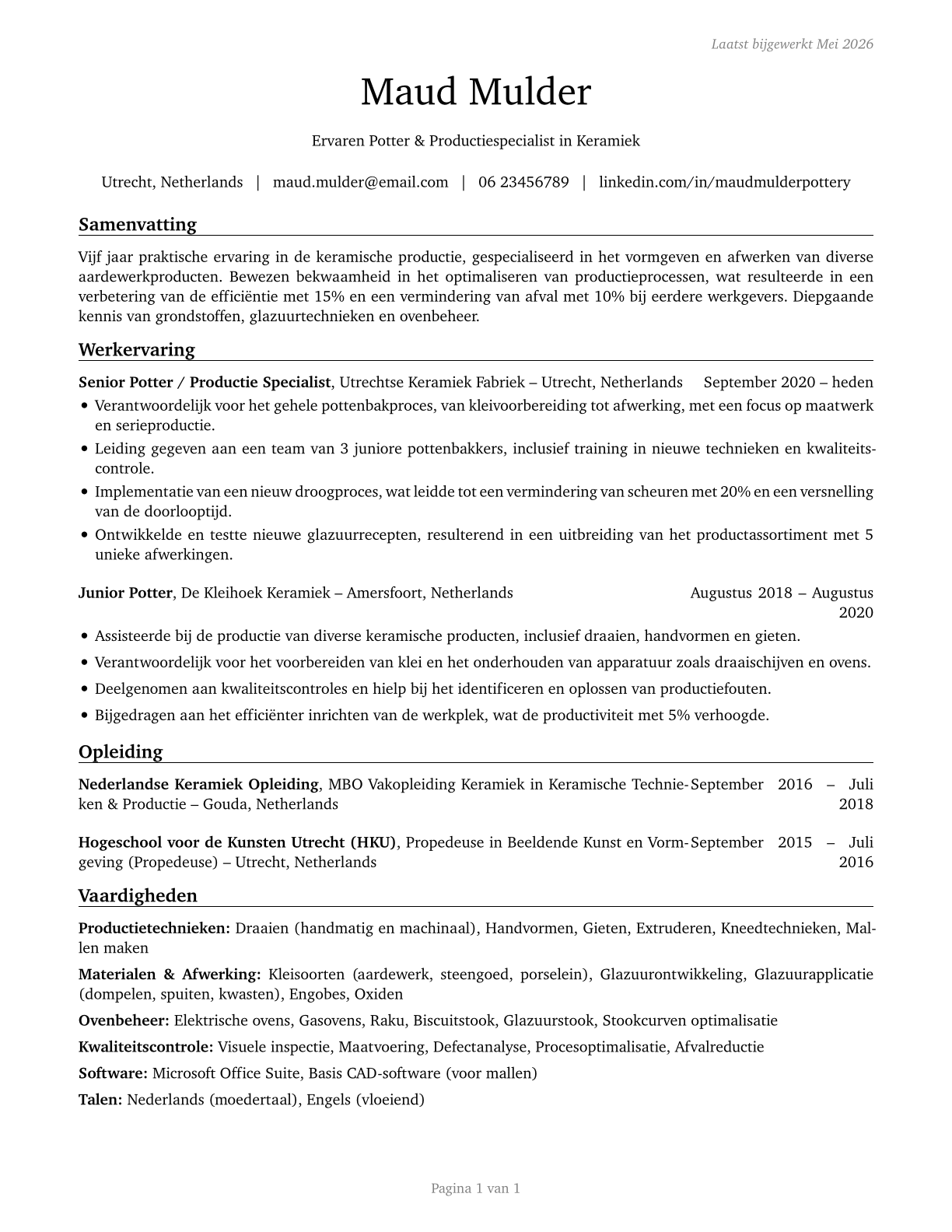 Potters, Manufacturing CV in Dutch — page 1