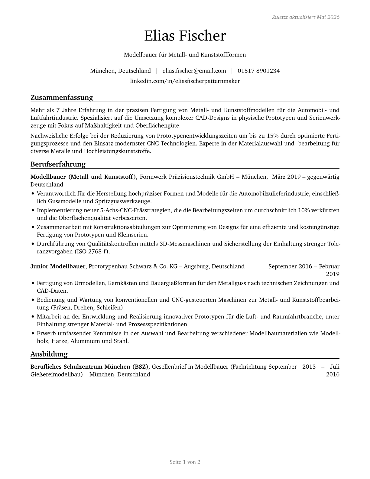 Patternmakers, Metal and Plastic CV in German — page 1