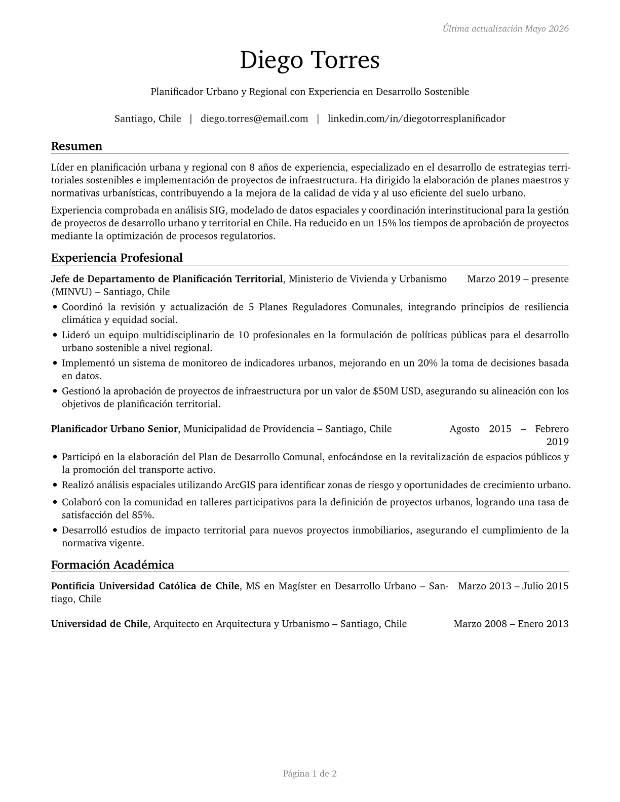 Urban and Regional Planners CV in Spanish — page 1