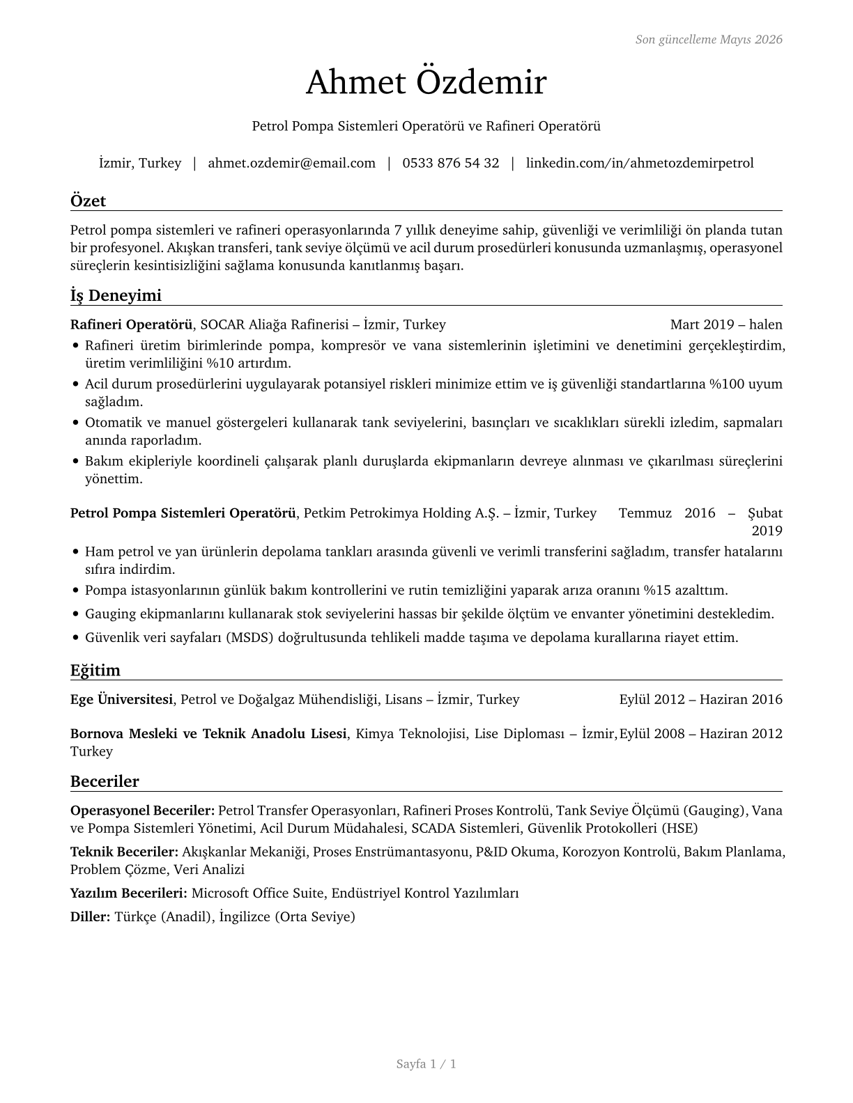 Petroleum Pump System Operators, Refinery Operators, and Gaugers CV in Turkish — page 1