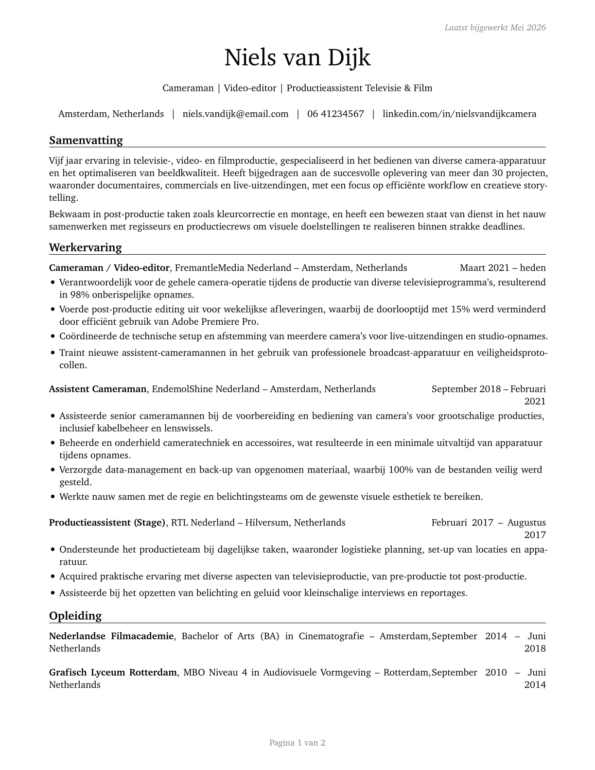 Camera Operators, Television, Video, and Film CV in Dutch — page 1