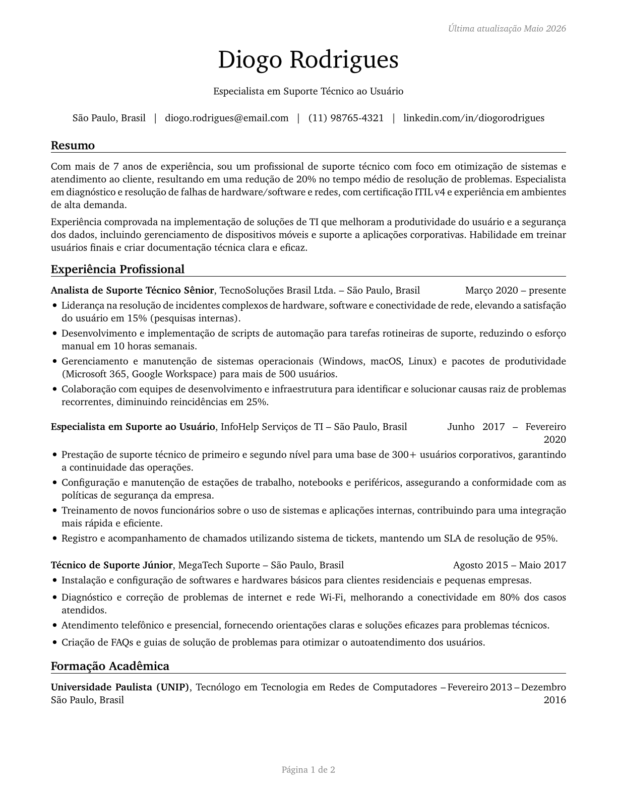 Computer User Support Specialists CV in Portuguese — page 1