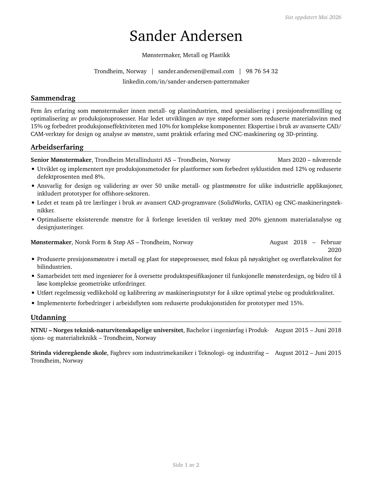 Patternmakers, Metal and Plastic CV in Norwegian_bokmal — page 1
