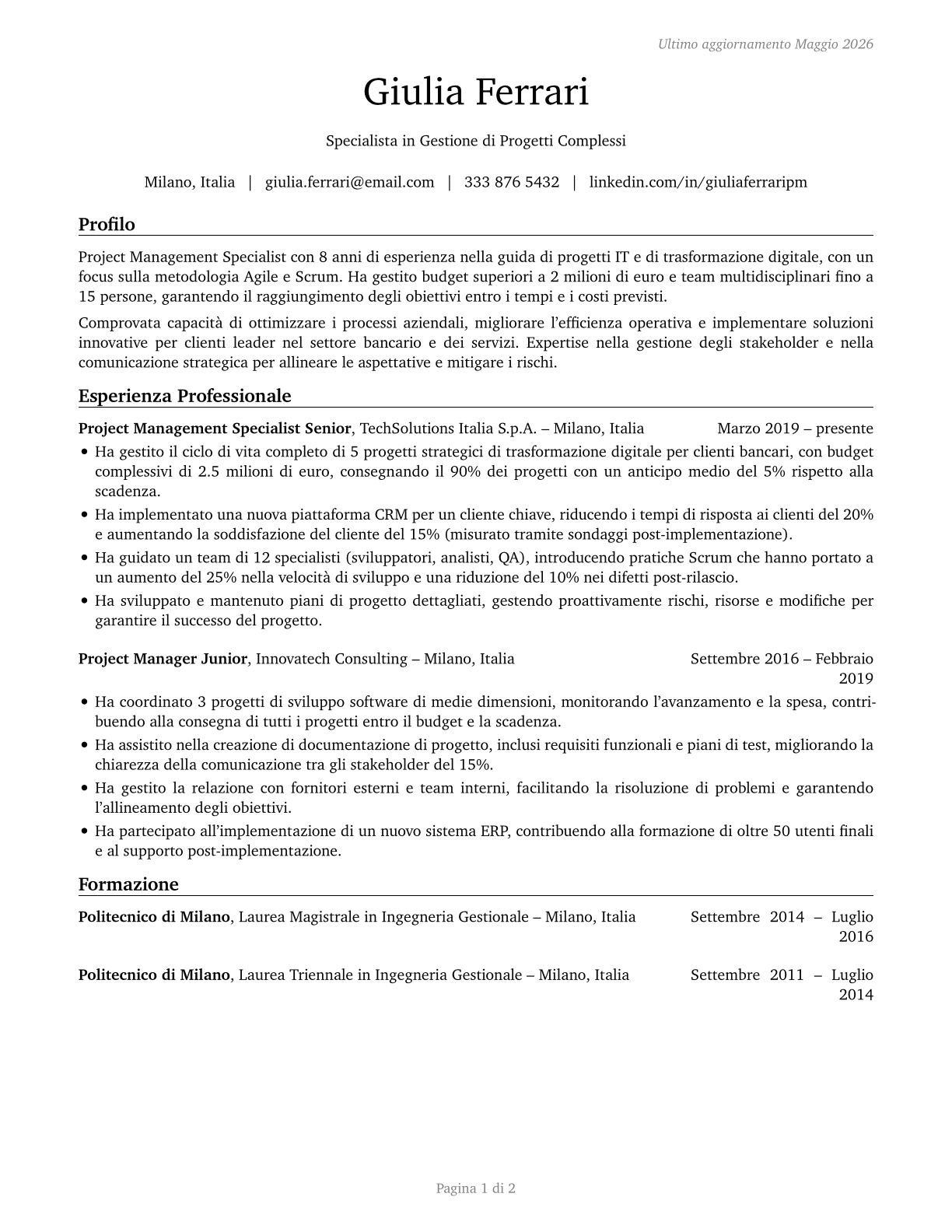 Project Management Specialists CV in Italian — page 1