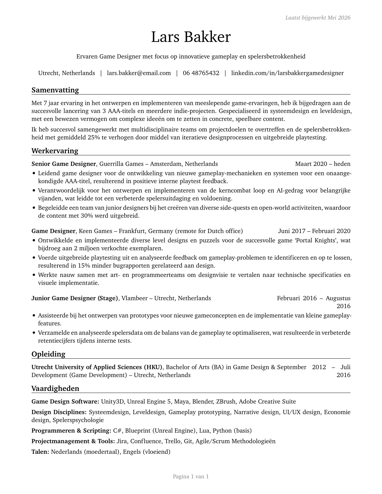 Video Game Designers CV in Dutch — page 1