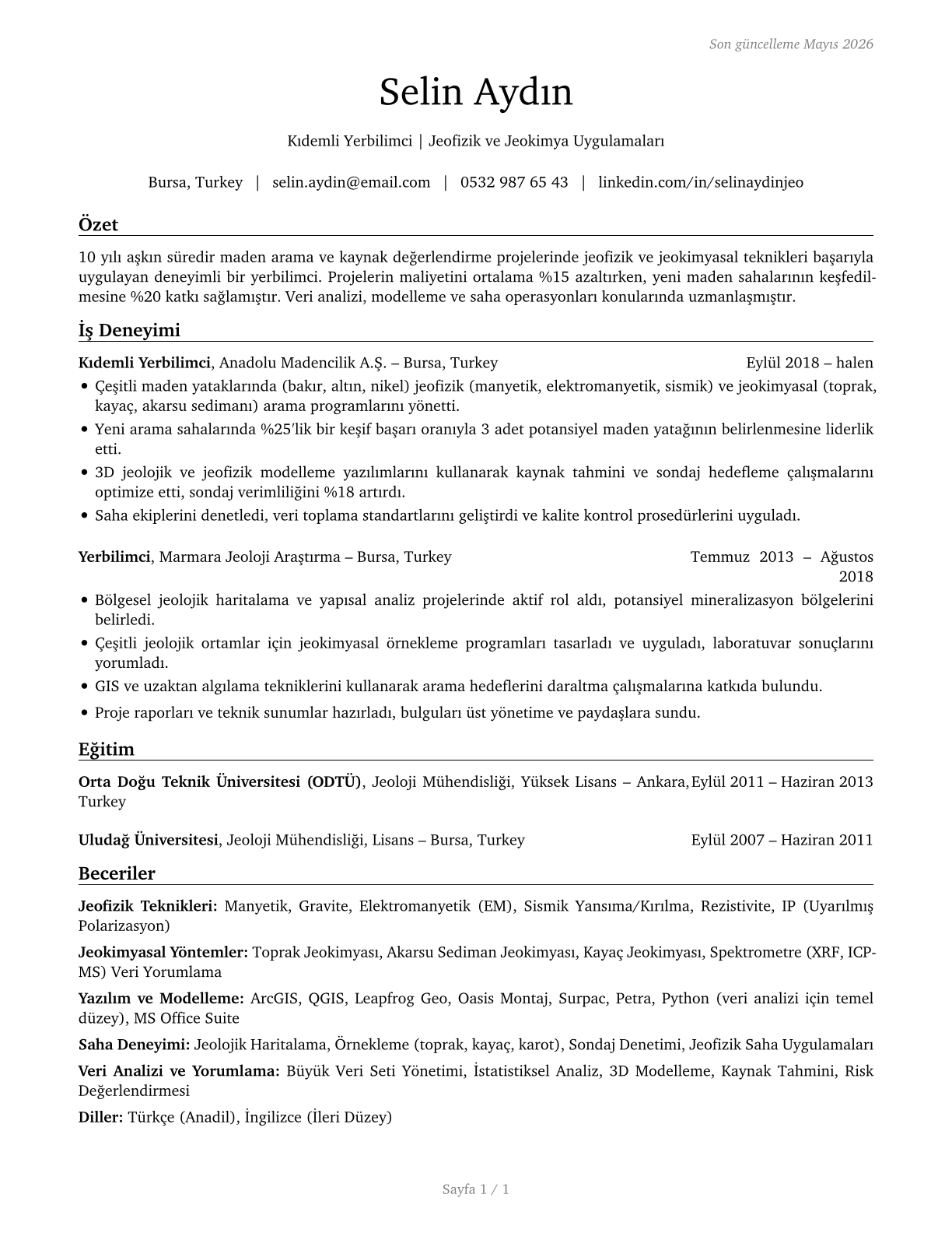 Geoscientists, Except Hydrologists and Geographers CV in Turkish — page 1