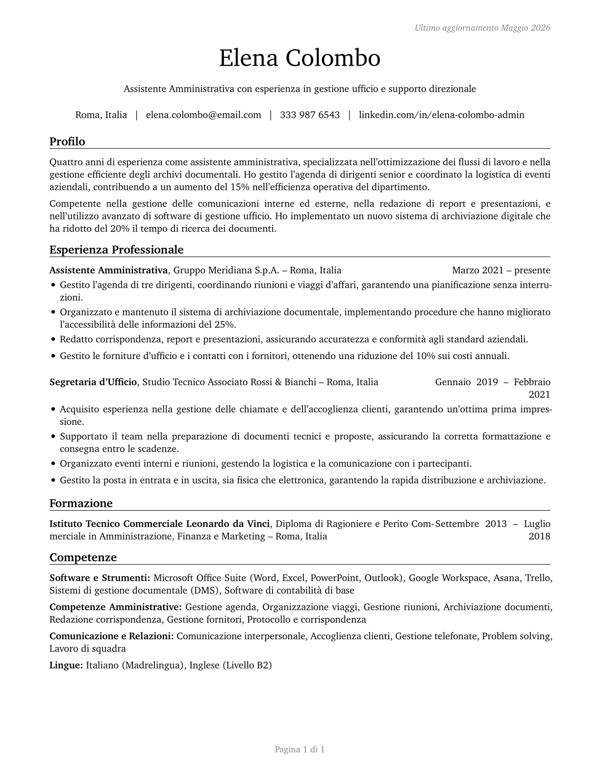 Secretaries and Administrative Assistants, Except Legal, Medical, and Executive CV in Italian — page 1