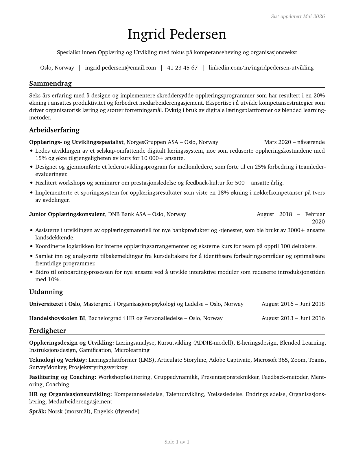 Training and Development Specialists CV in Norwegian_bokmal — page 1