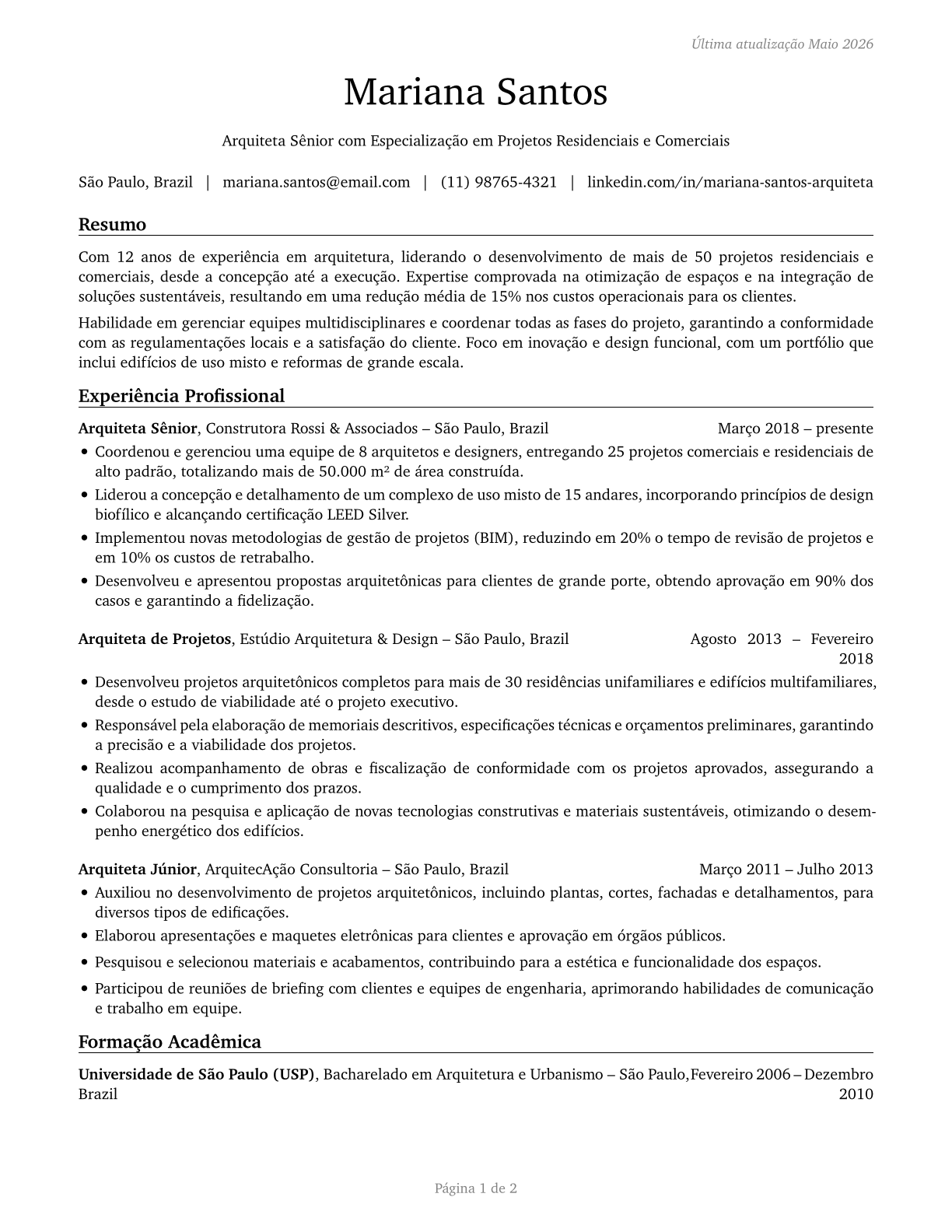 Architects, Except Landscape and Naval CV in Portuguese — page 1