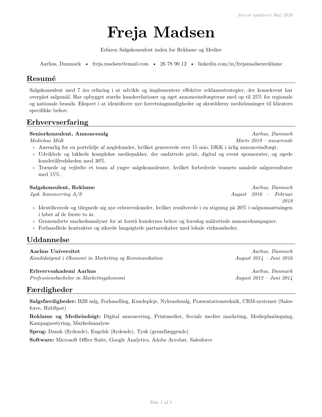 Advertising Sales Agents CV in Danish — page 1