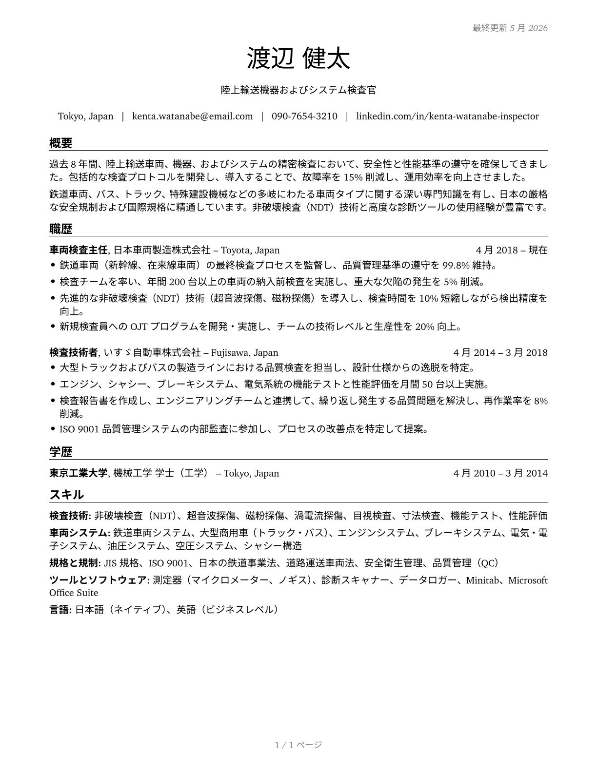 Transportation Vehicle, Equipment and Systems Inspectors, Except Aviation CV in Japanese — page 1