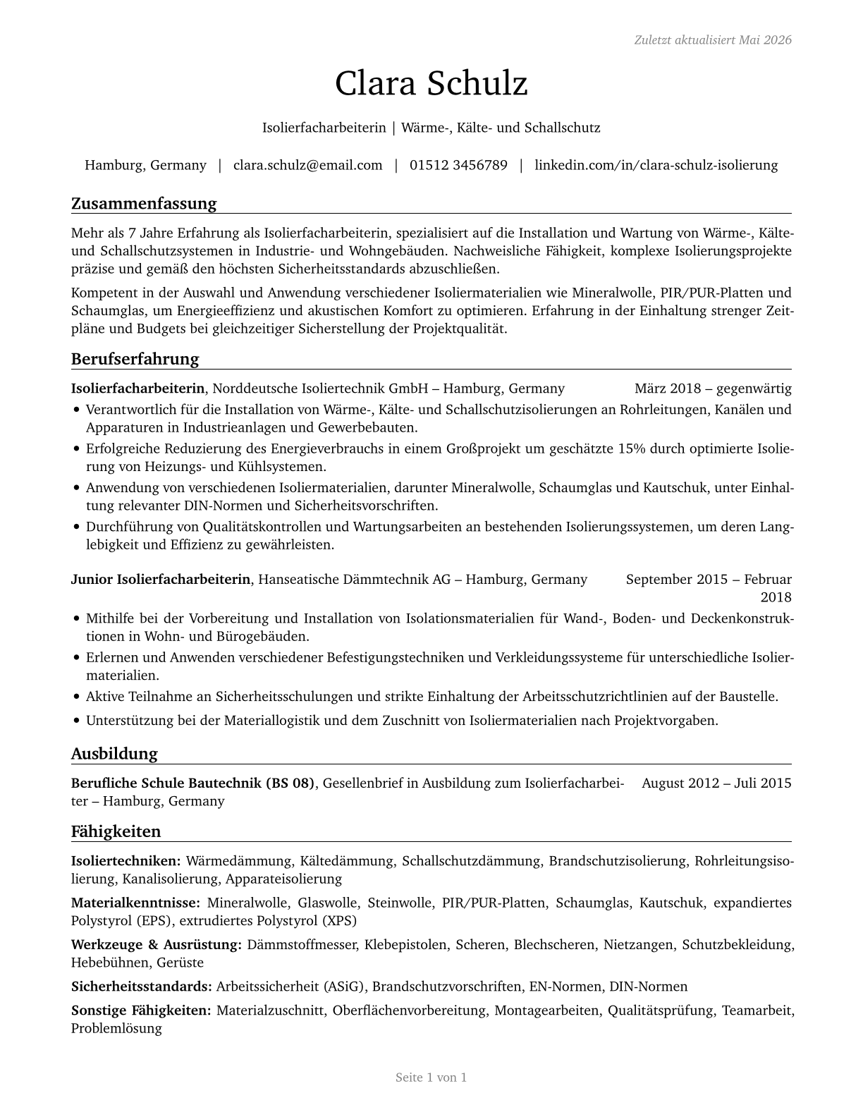 Insulation Workers, Floor, Ceiling, and Wall CV in German — page 1