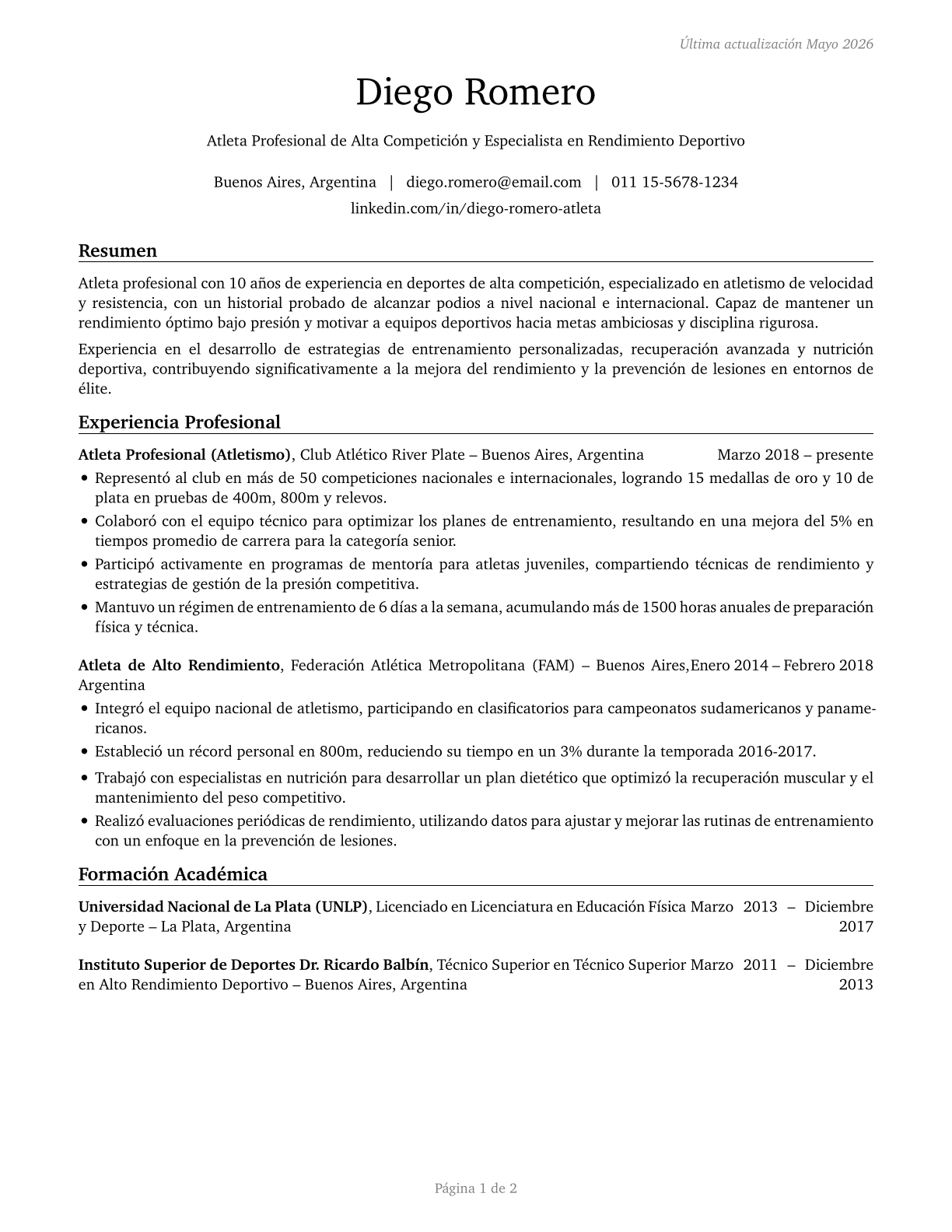 Athletes and Sports Competitors CV in Spanish — page 1