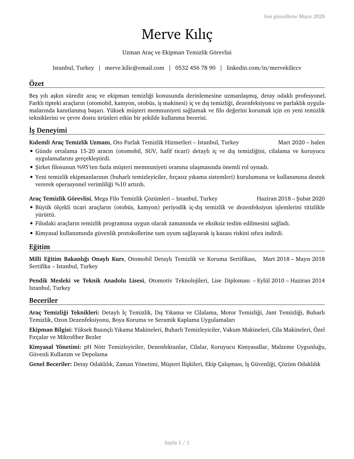 Cleaners of Vehicles and Equipment CV in Turkish — page 1