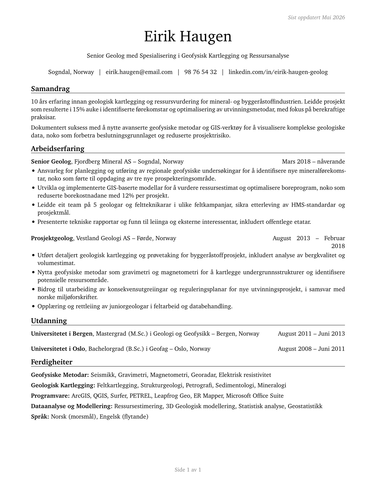 Geoscientists, Except Hydrologists and Geographers CV in Norwegian_nynorsk — page 1