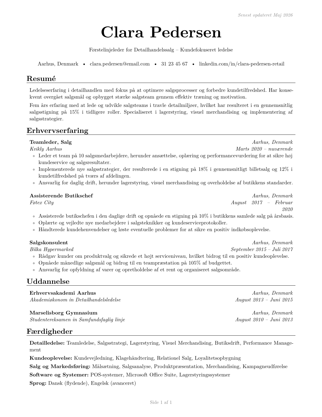First-Line Supervisors of Retail Sales Workers CV in Danish — page 1