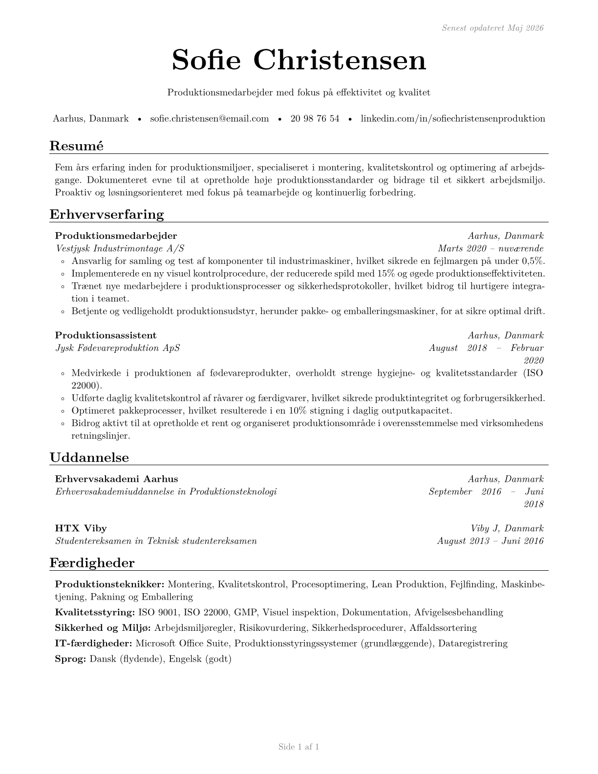 Production Workers, All Other CV in Danish — page 1