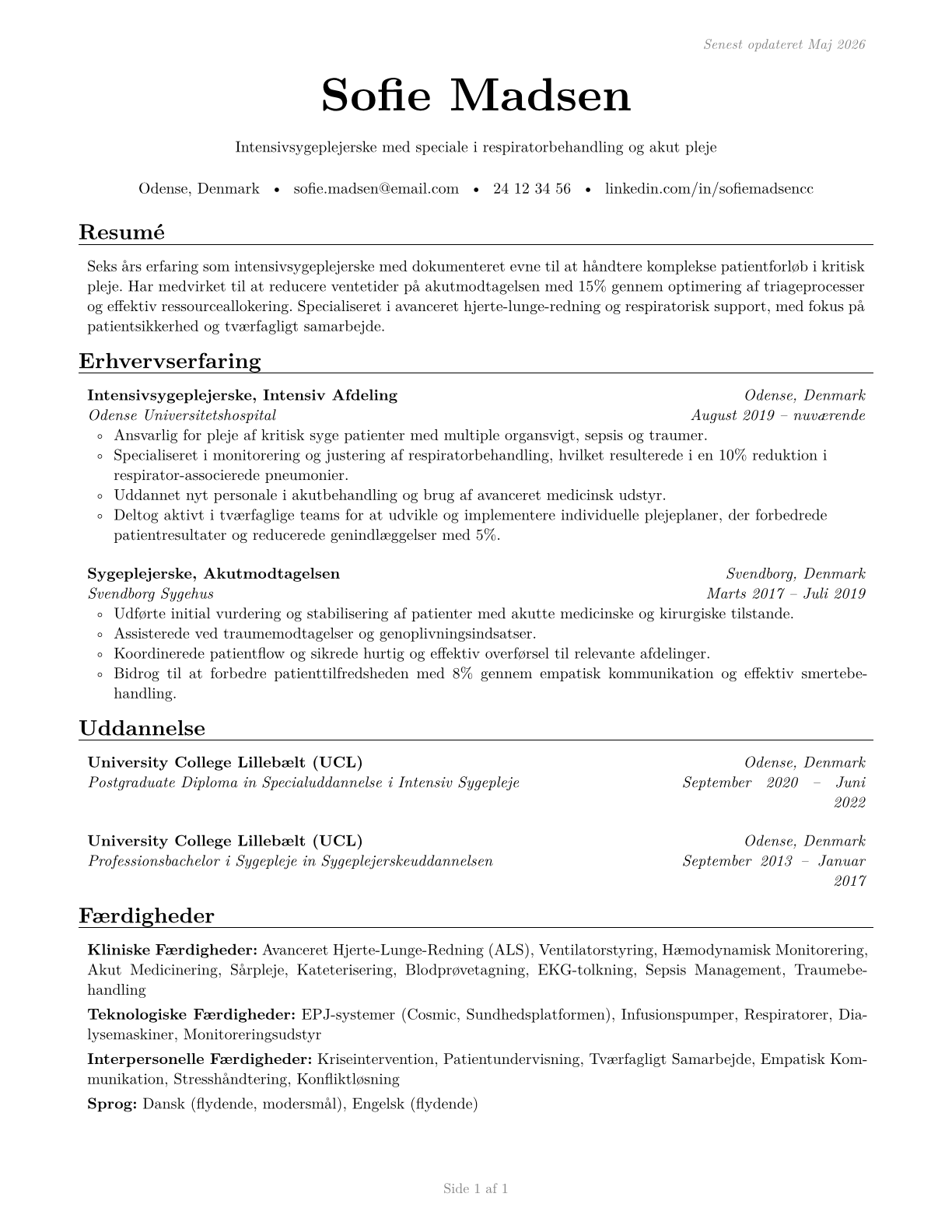 Critical Care Nurses CV in Danish — page 1
