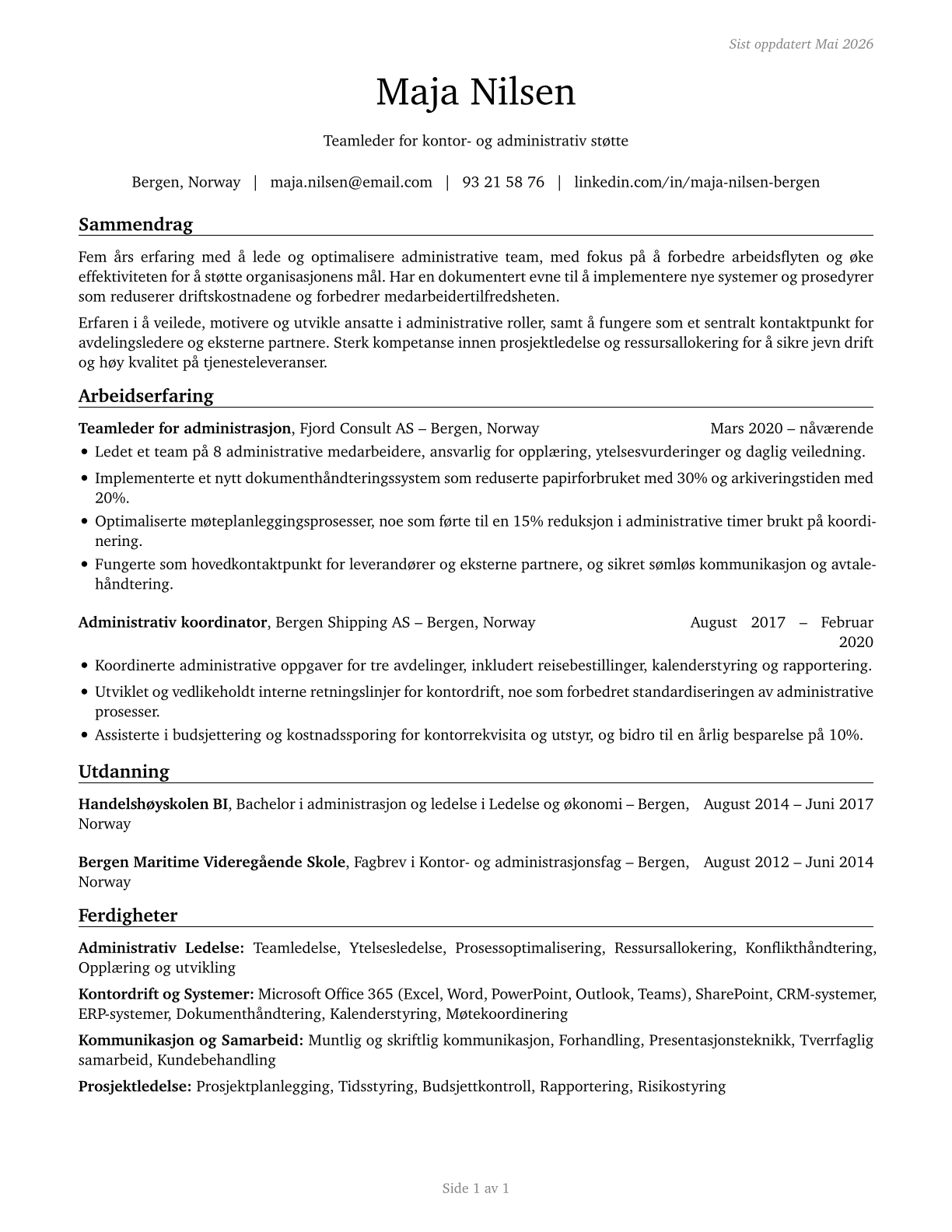 First-Line Supervisors of Office and Administrative Support Workers CV in Norwegian_bokmal — page 1