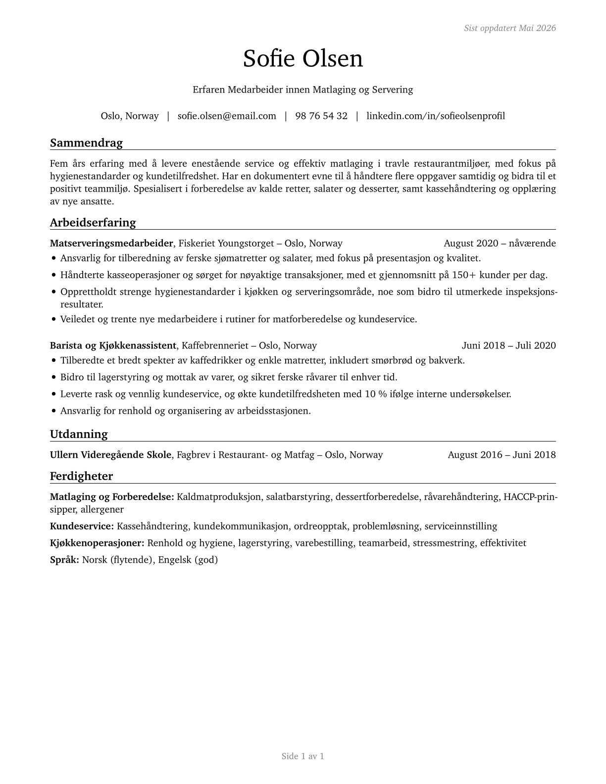 Food Preparation and Serving Related Workers, All Other CV in Norwegian_bokmal — page 1