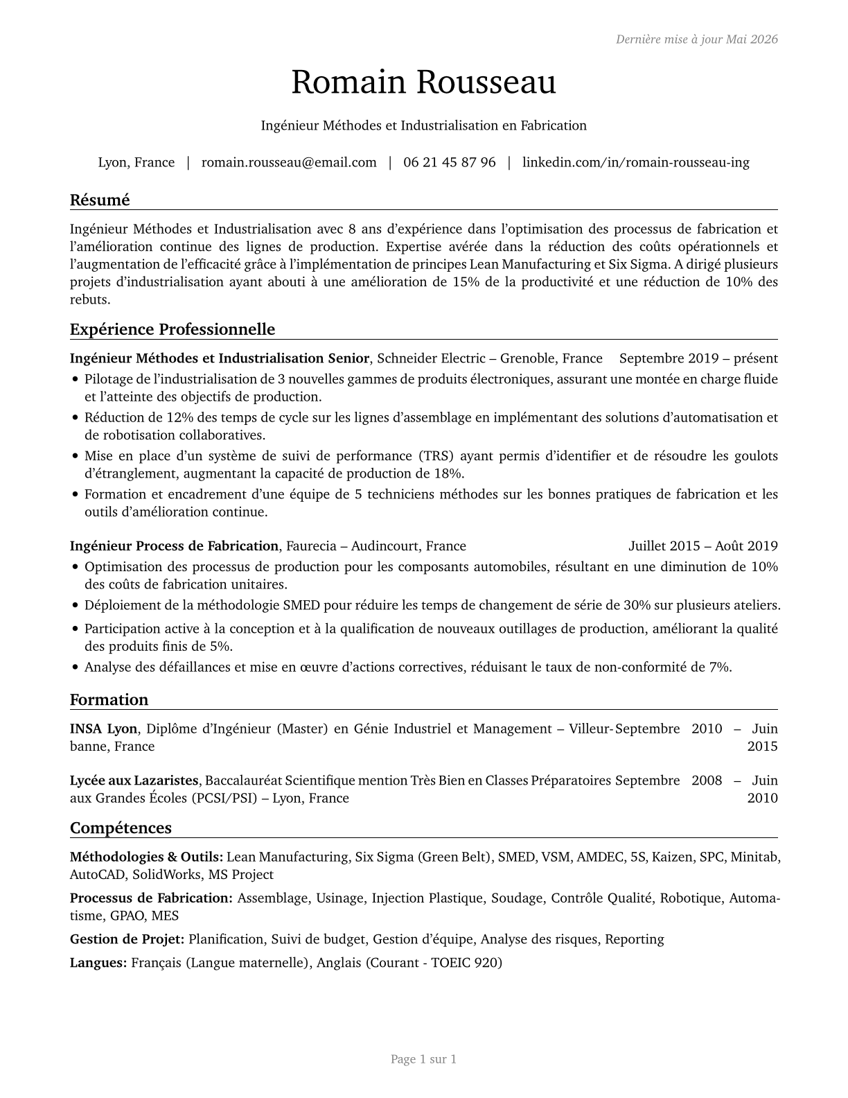Manufacturing Engineers CV in French — page 1