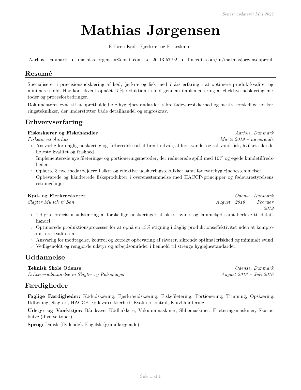 Meat, Poultry, and Fish Cutters and Trimmers CV in Danish — page 1