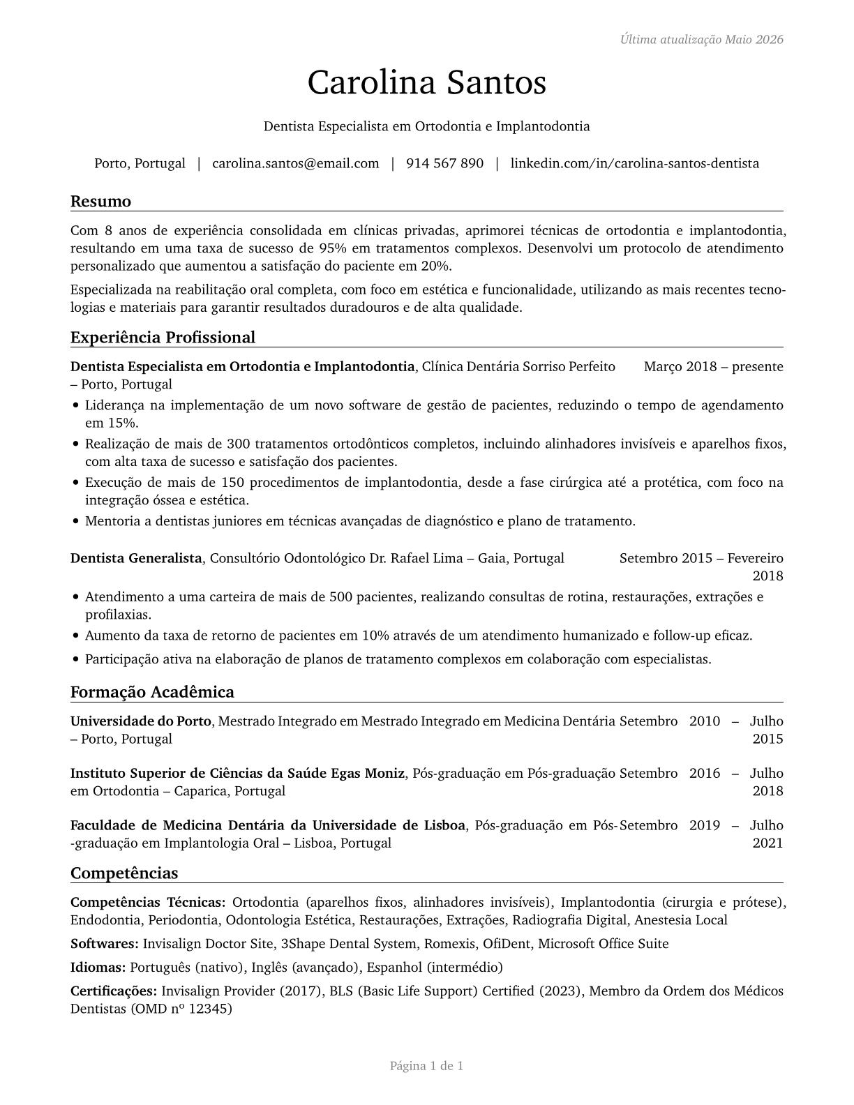 Dentists, All Other Specialists CV in Portuguese — page 1