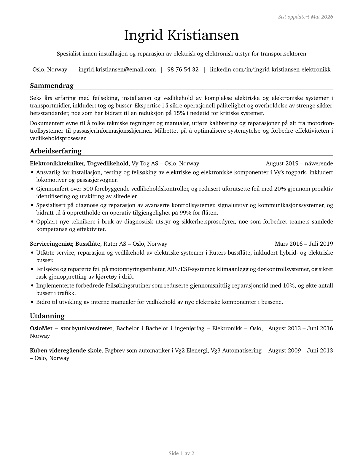 Electrical and Electronics Installers and Repairers, Transportation Equipment CV in Norwegian_bokmal — page 1