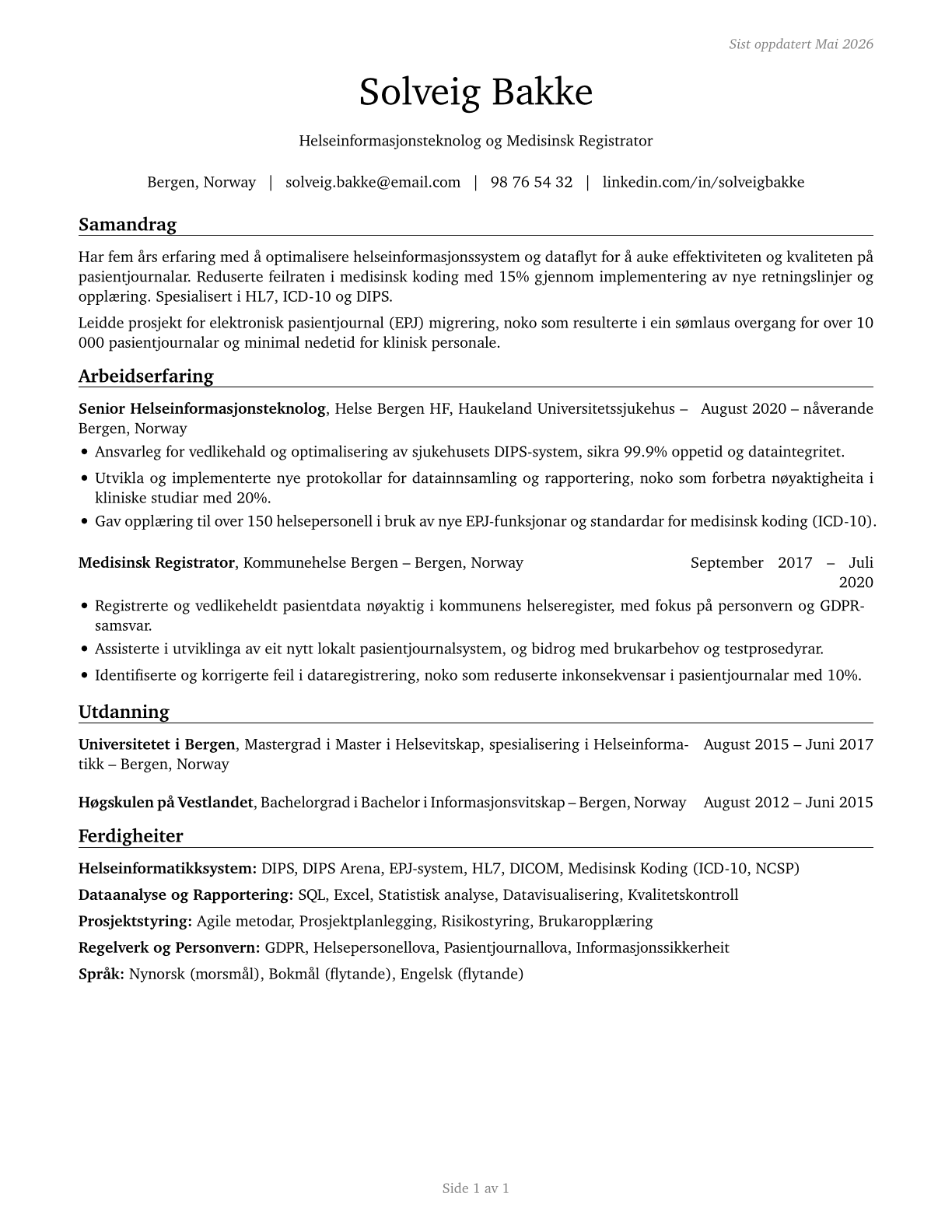 Health Information Technologists and Medical Registrars CV in Norwegian_nynorsk — page 1