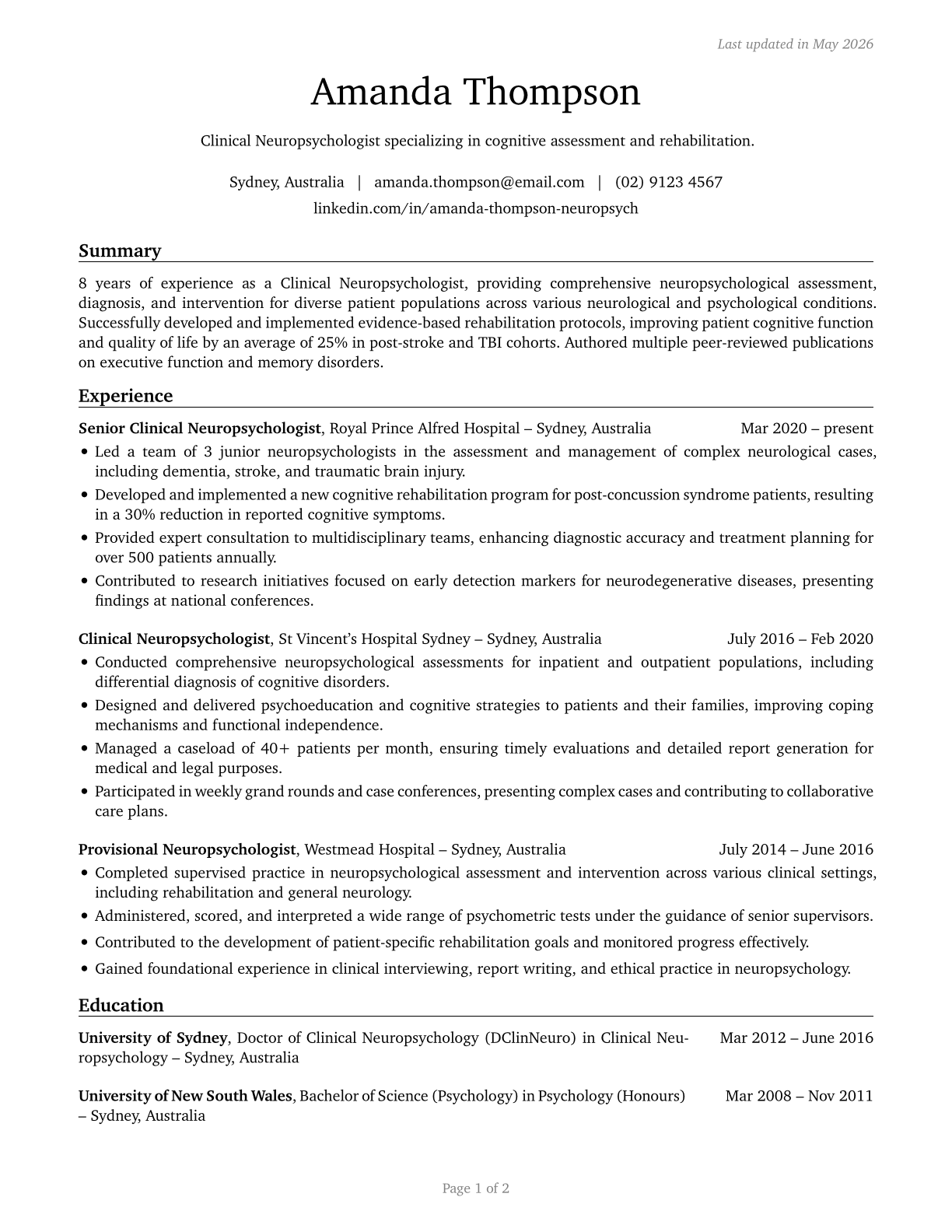 Clinical Neuropsychologists CV in English — page 1