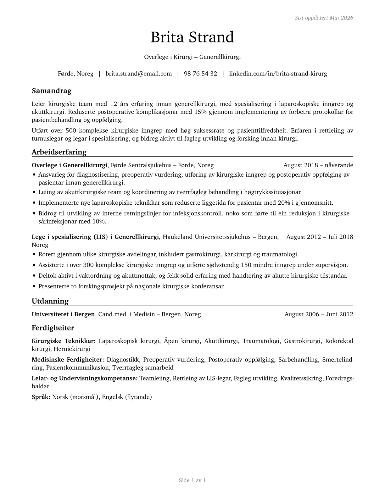Surgeons, All Other CV in Norwegian_nynorsk — page 1