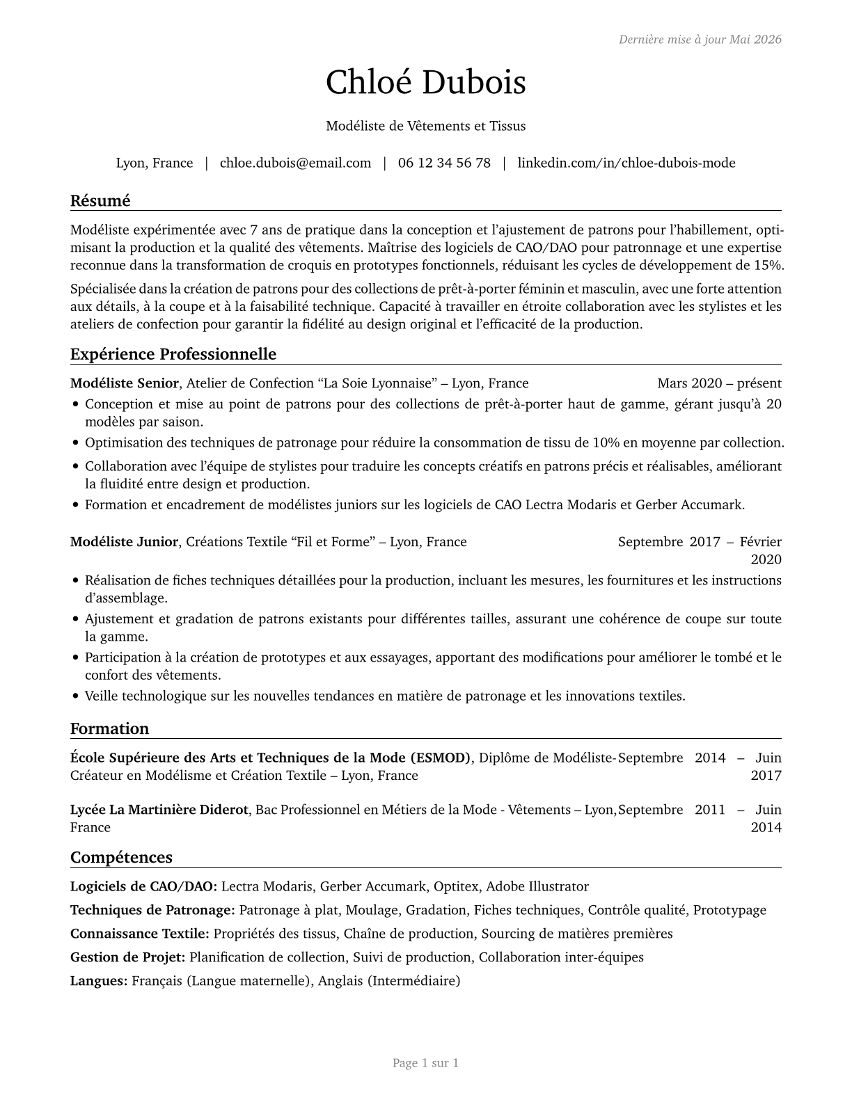 Fabric and Apparel Patternmakers CV in French — page 1