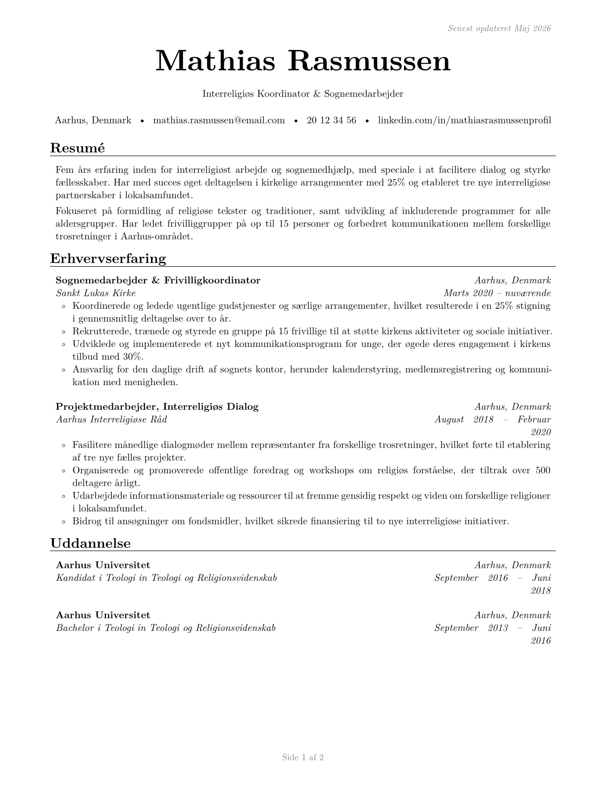 Religious Workers, All Other CV in Danish — page 1
