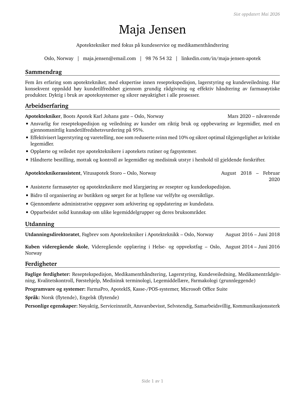 Pharmacy Aides CV in Norwegian_bokmal — page 1
