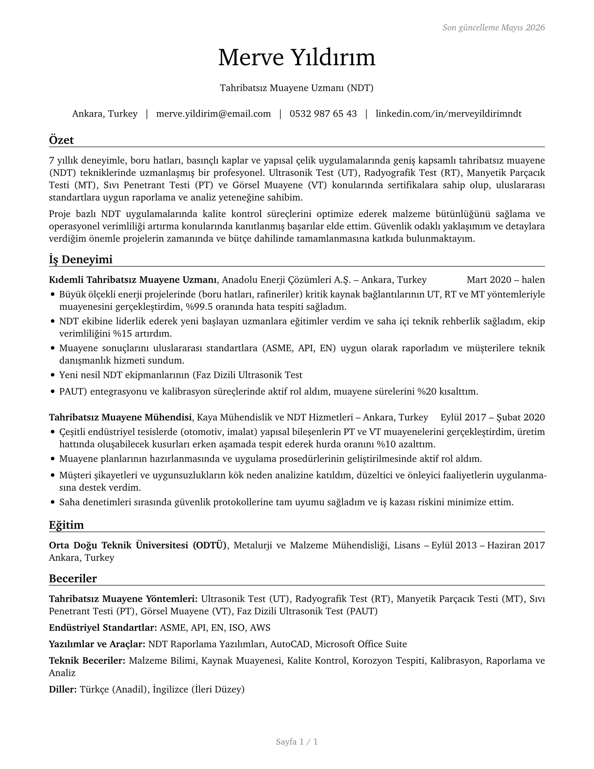 Non-Destructive Testing Specialists CV in Turkish — page 1