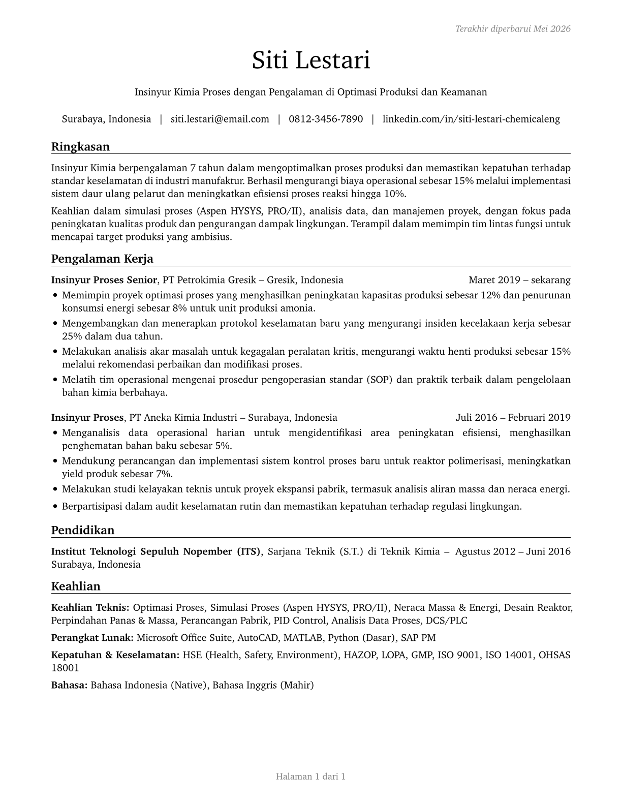 Chemical Engineers CV in Indonesian — page 1