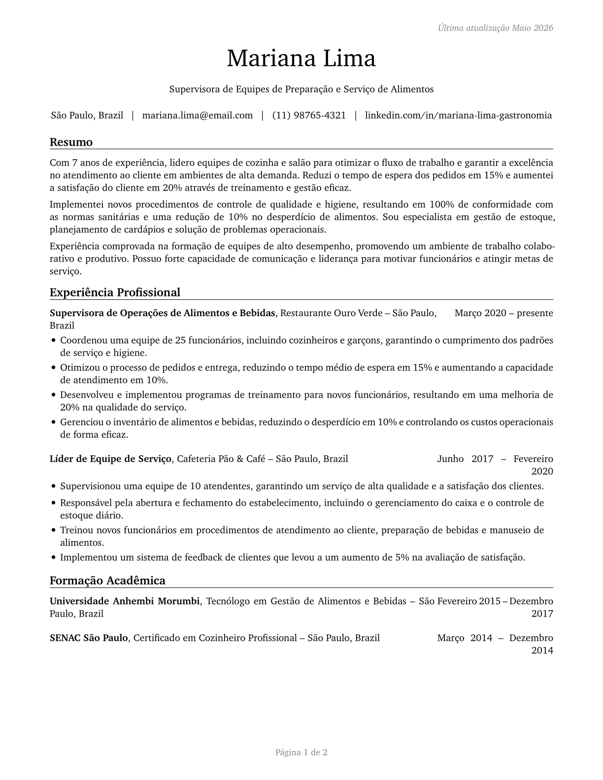First-Line Supervisors of Food Preparation and Serving Workers CV in Portuguese — page 1