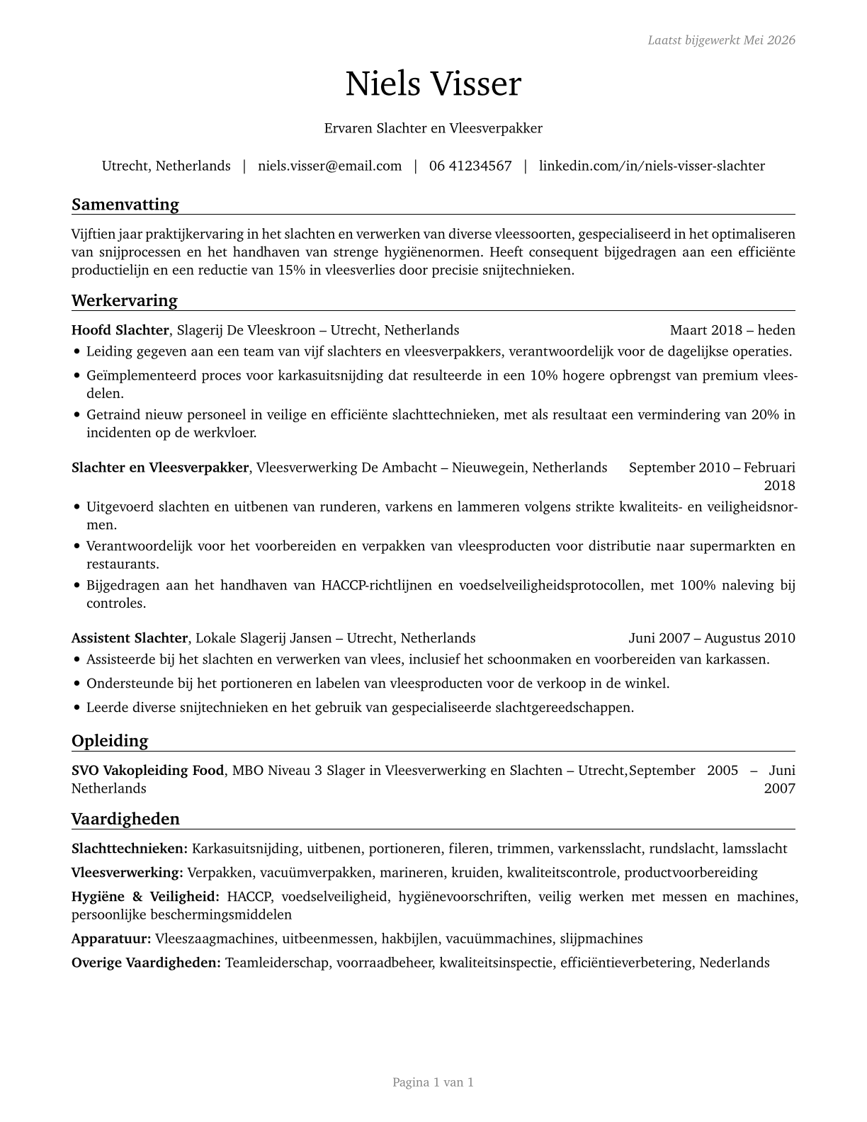 Slaughterers and Meat Packers CV in Dutch — page 1
