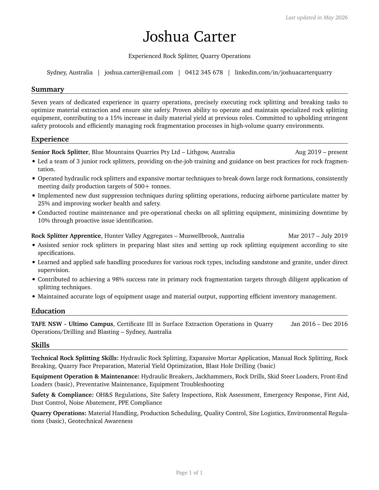 Rock Splitters, Quarry CV in English — page 1