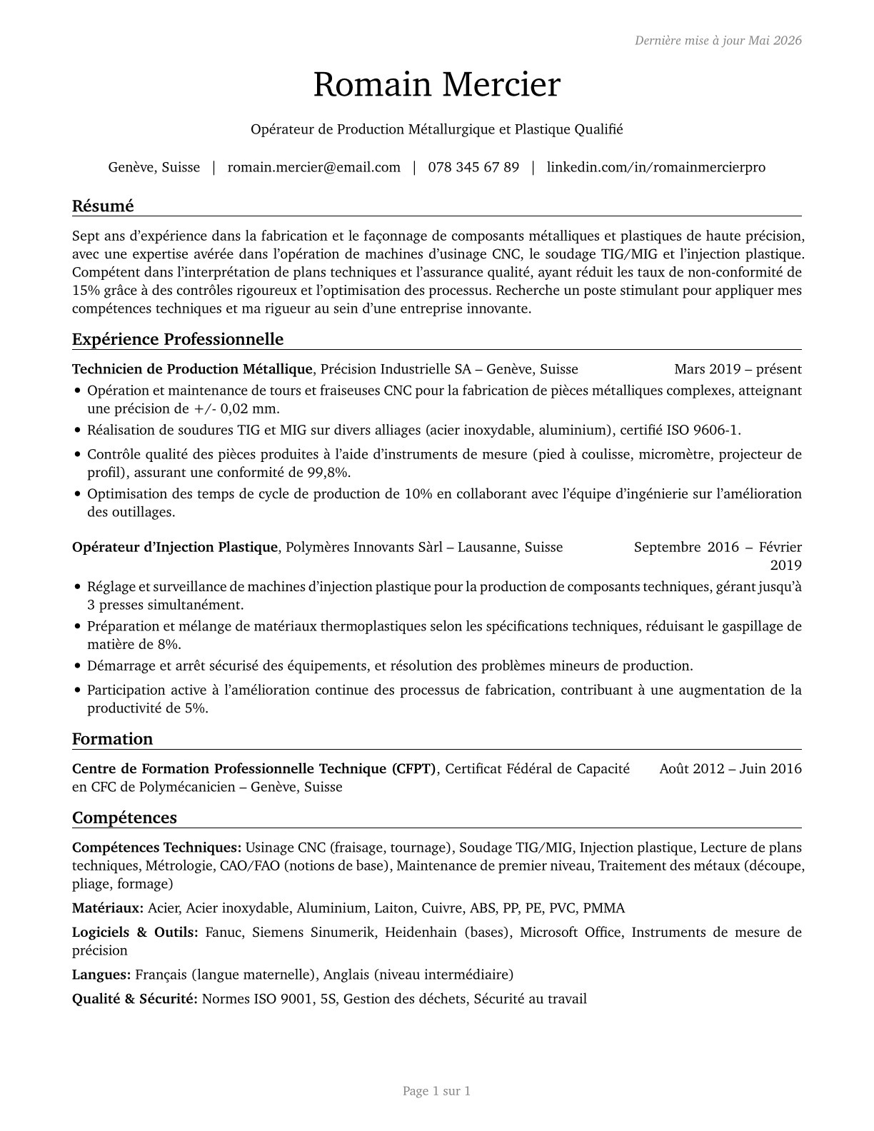 Metal Workers and Plastic Workers, All Other CV in French — page 1
