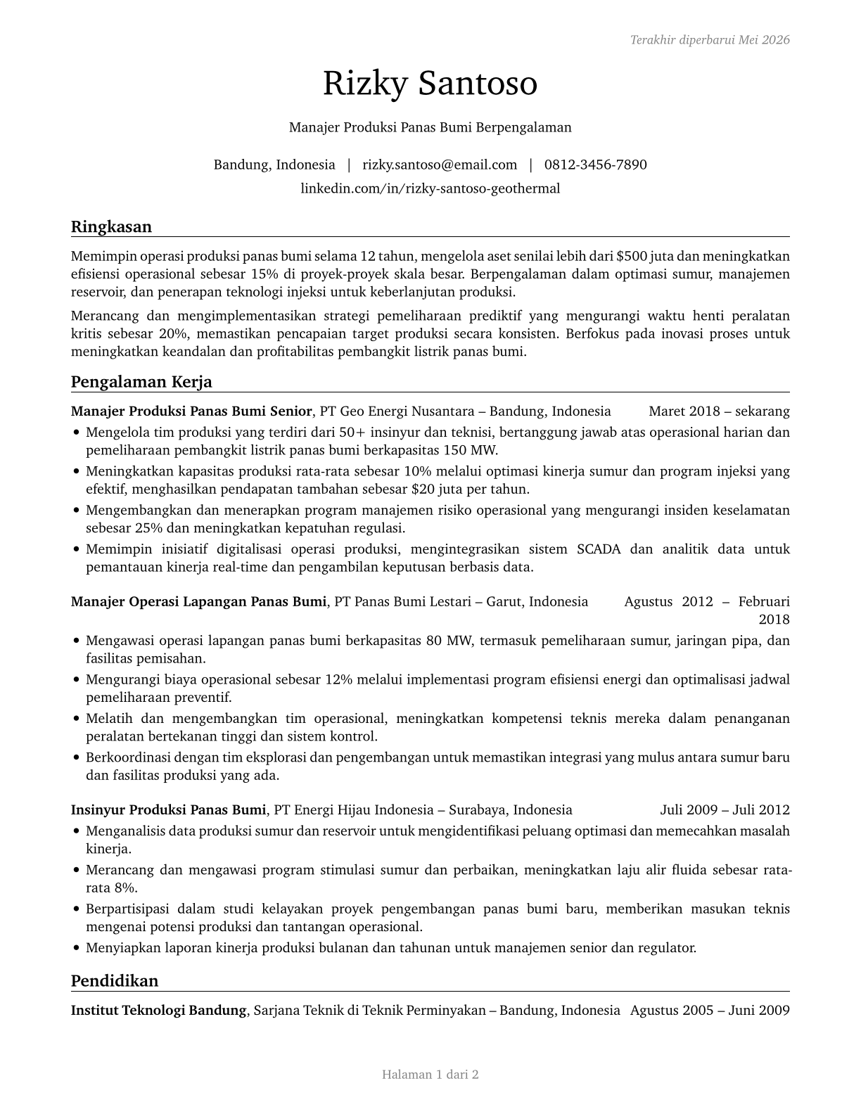 Geothermal Production Managers CV in Indonesian — page 1