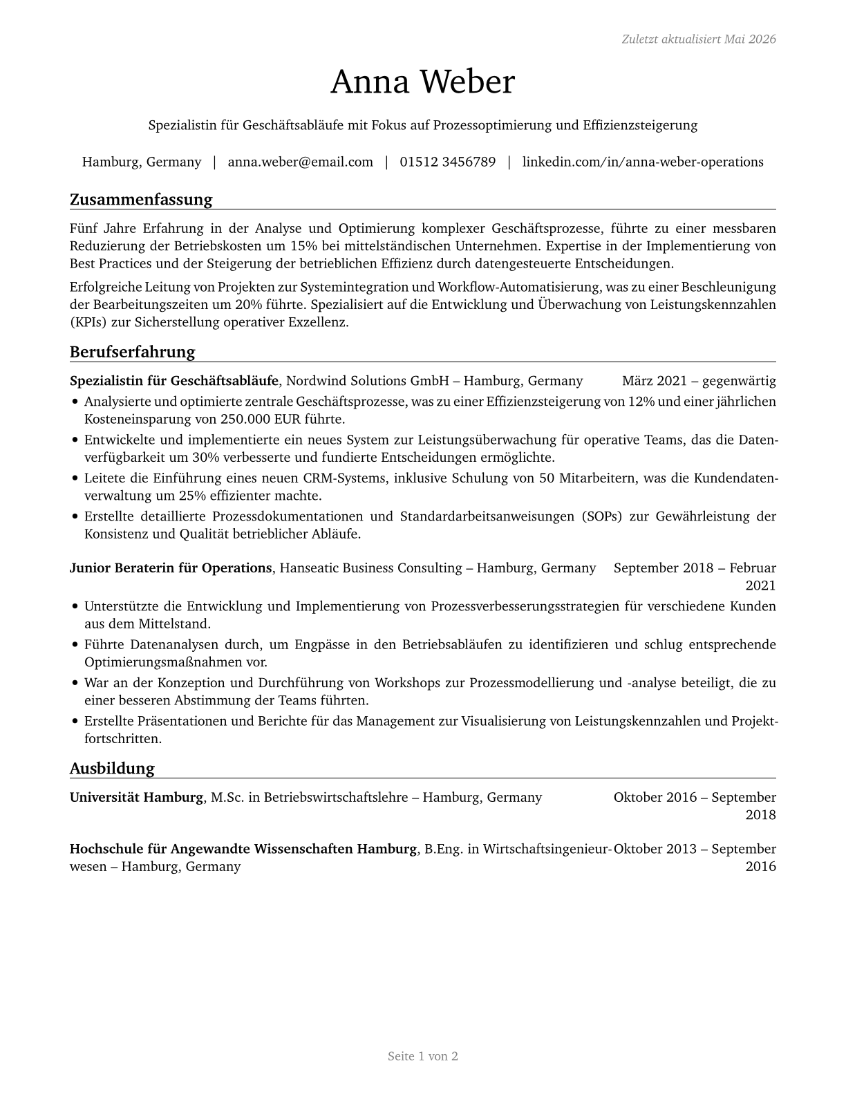 Business Operations Specialists, All Other CV in German — page 1