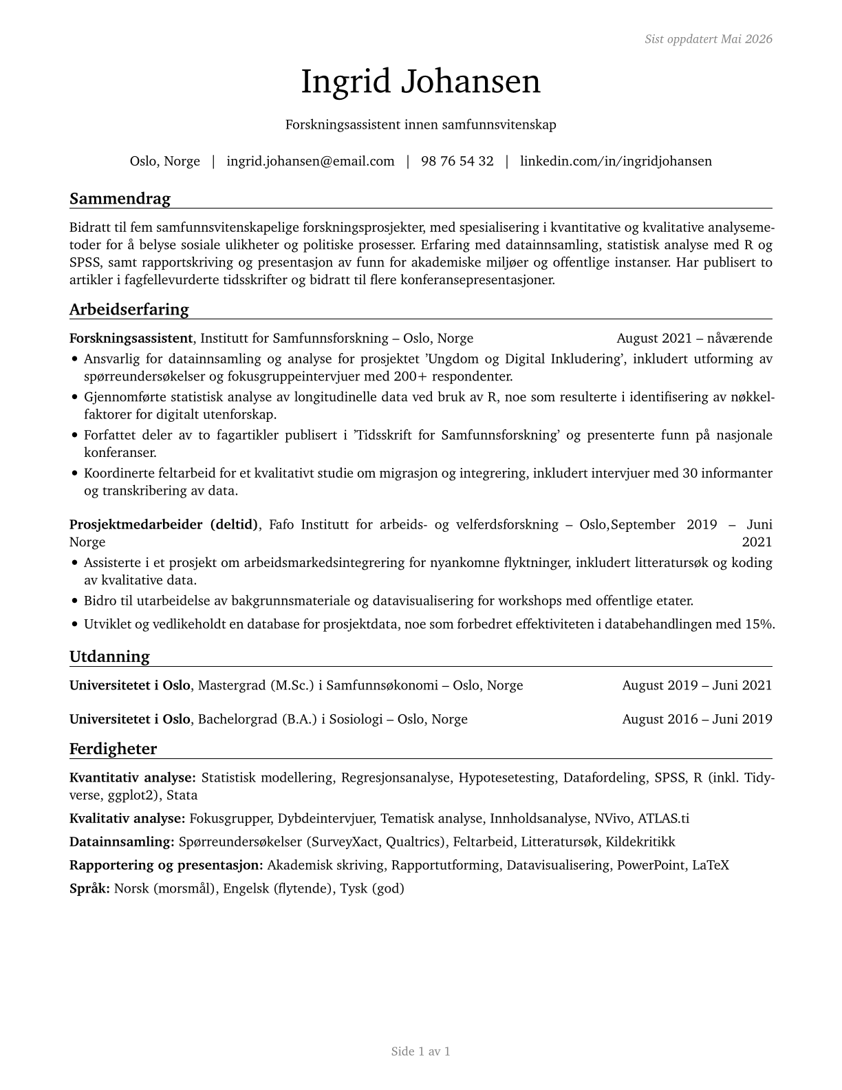 Social Science Research Assistants CV in Norwegian_bokmal — page 1