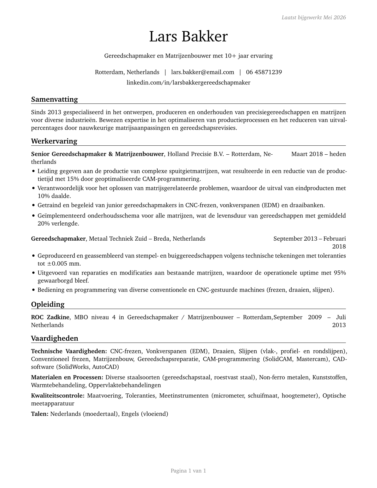 Tool and Die Makers CV in Dutch — page 1